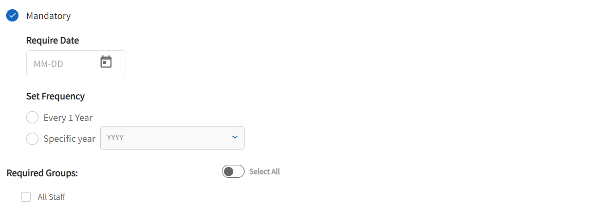 Mandatory survey page is displayed with the required date, frequency and required groups displayed. 