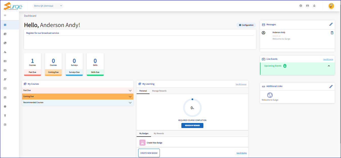 The dashboard is displayed. The page is divided into sections. The employee name is at the top of the screen. Under the employee name are the coloured tiles. Under the coloured tiles is a list of the courses to be completed.  In the middle of the page is a progression wheel and the badge listings. On the right side is the message box, Live event listing, and the additional links box. 