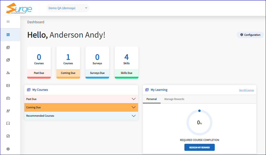 The dashboard is displayed. On the dashboard are 4 clickable tiles. A red tile named Past Due, an orange tile named Coming Due, a blue tile named Survey's Due, and a green tile named Skills due. A dark blue boarder is marked around The my courses title header. 