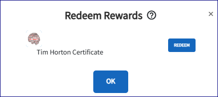 The redeem rewards page is displayed. A list of rewards available is displayed along with the redeem button. 