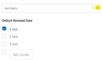 The add new skill page is displayed. Highlighted is the user expiry date drop down. Also displayed is the default renewal date frequency options. 