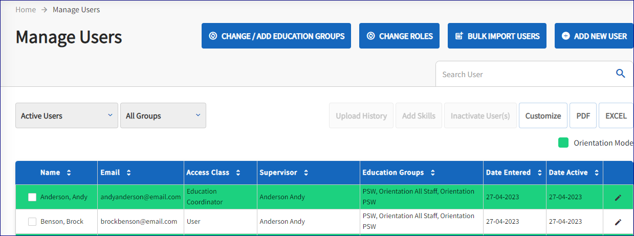 The manage users page is displayed. A list of employee names is presented.  One name is highlighted in green, which indicates the employee is in Orientation Mode. 