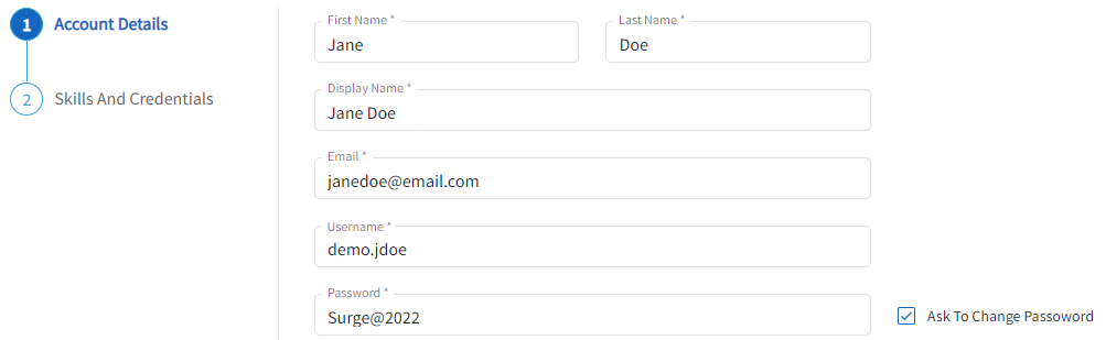 The employees name and email are entered to create the profile.  The check box titled ask to change password is checked off.  This will prompt the new user to change their password at the initial login. 