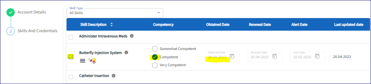 On the account details page, the Skill options are displayed.  There are 2 options to add to the employee file. Highlighted are 3 areas, the Butterfly Injection System is highlighted and checked off in the checkbox.  Also highlighted is the Competent box, and the obtained date. 