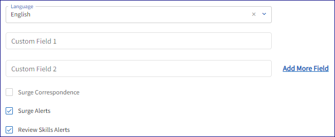 The language preference field, custom fields are presented.  The Surge Alerts are check box is marked. This will ensure the employee is sent email reminders for courses and skills that are due. 