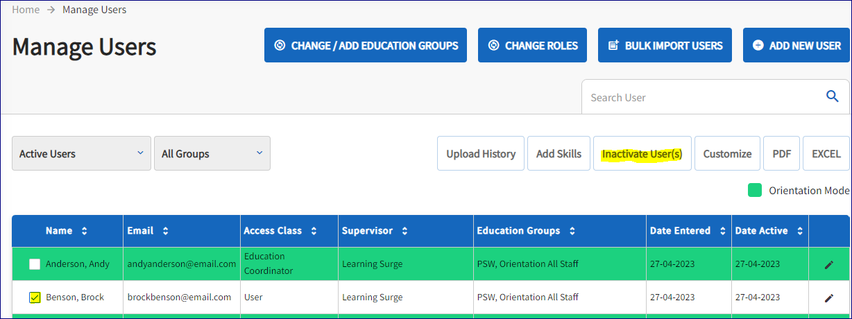 The manage users page is displayed with the label inactive user highlighted, and a checkbox next to an employee name has been selected. 