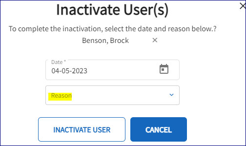 The inactive user window is open with the reason field highlighted.