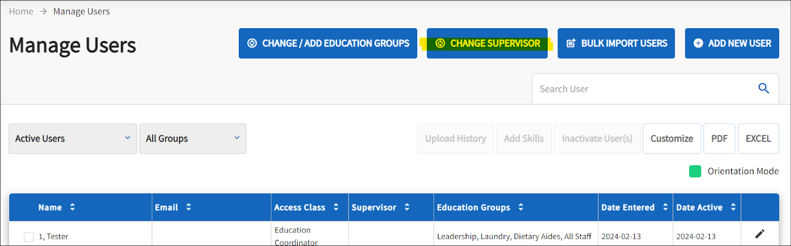 Across the top of the page are action buttons.  Highlighted is the change supervisor button. 