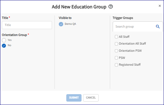 The add new education group page is open.  Highlighted is the trigger group options. 
