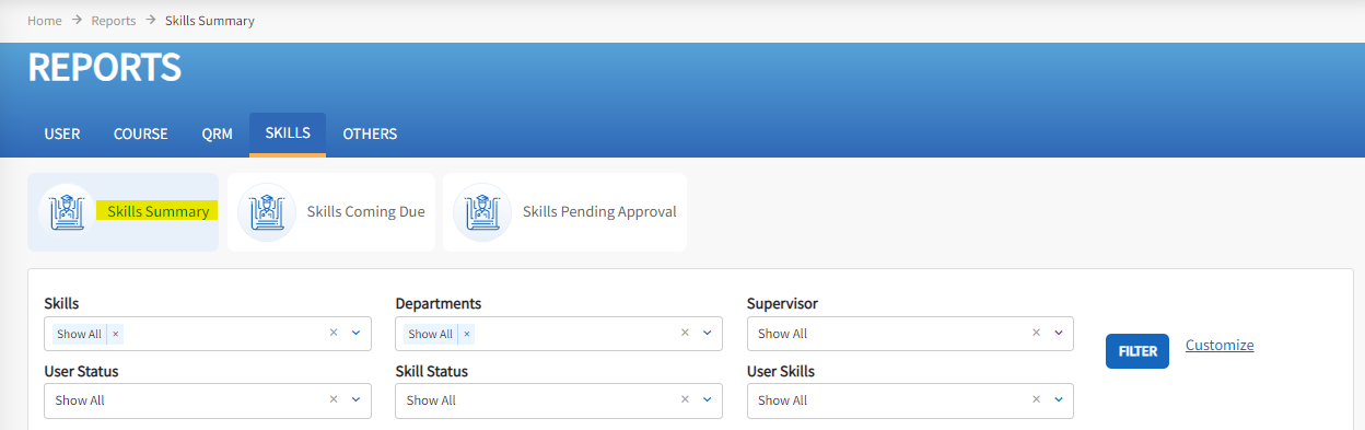 The Reports tab is open, and highlighted is the Skill Summary icon.