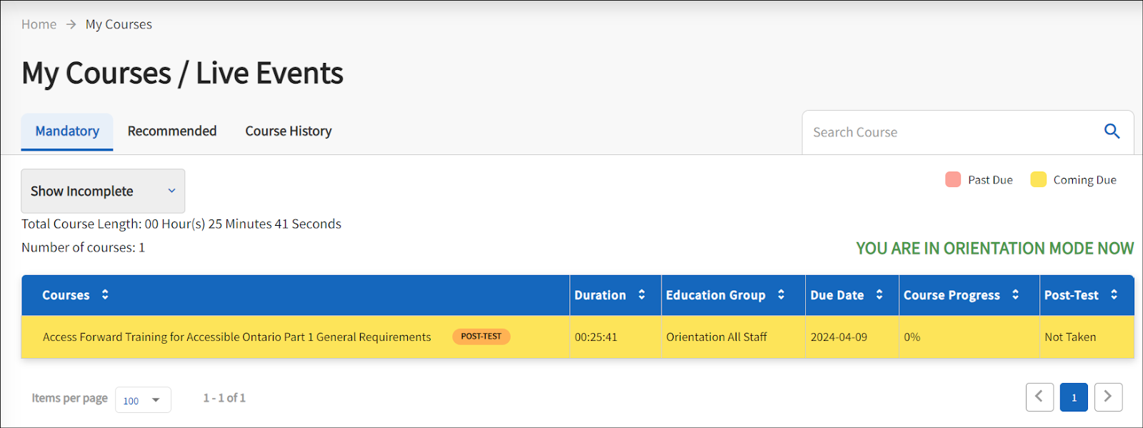 The My Courses/Live Events page is displayed. There are 3 tabs shown, the mandatory tab is highlighted in blue. The other tabs available include recommended and course history. The course name Access Forward is highlighted in yellow. 