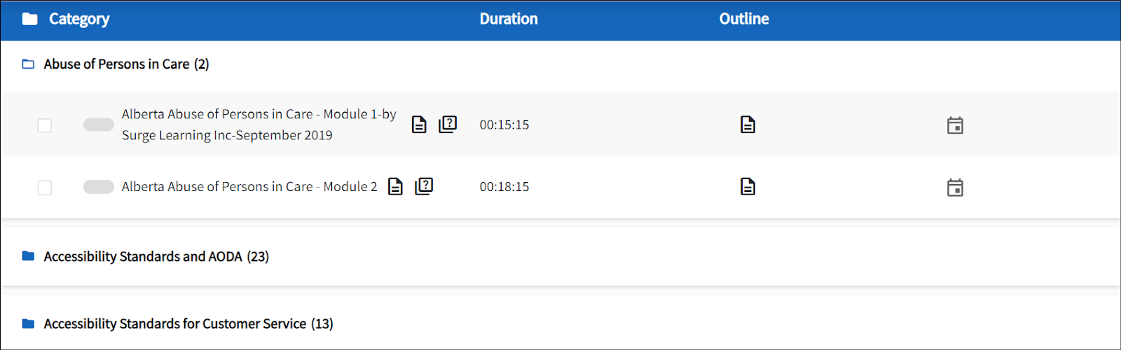 The Resource Centre is open with the category, course name  and outline. 