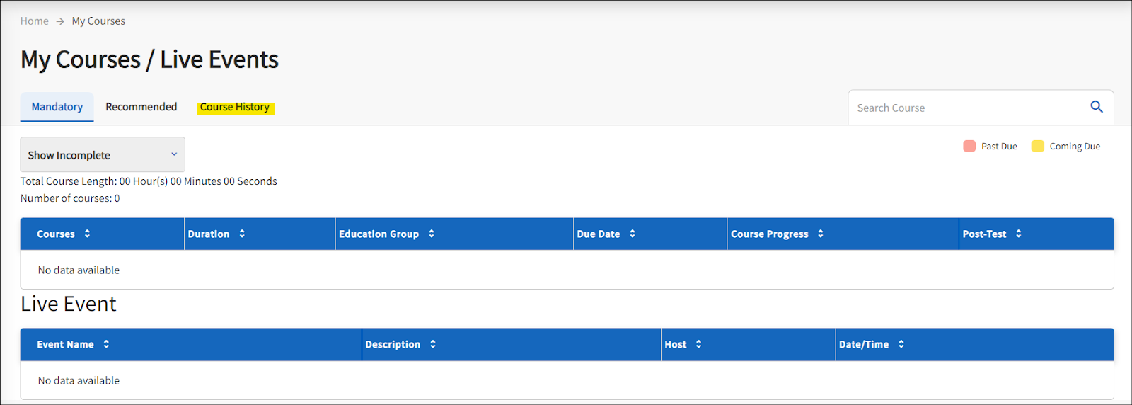 A screenshot of the My Courses/Live Events, and the Course History is Highlighted. 