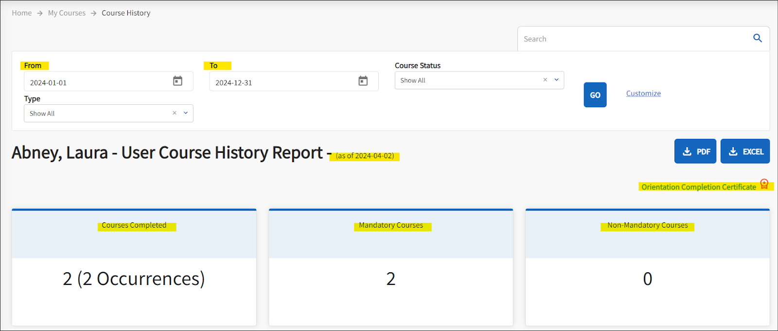 The Course History Report is displayed. The highlighted fields include the filter option of dates, the option to print the orientation certificate, the number of courses completed.  