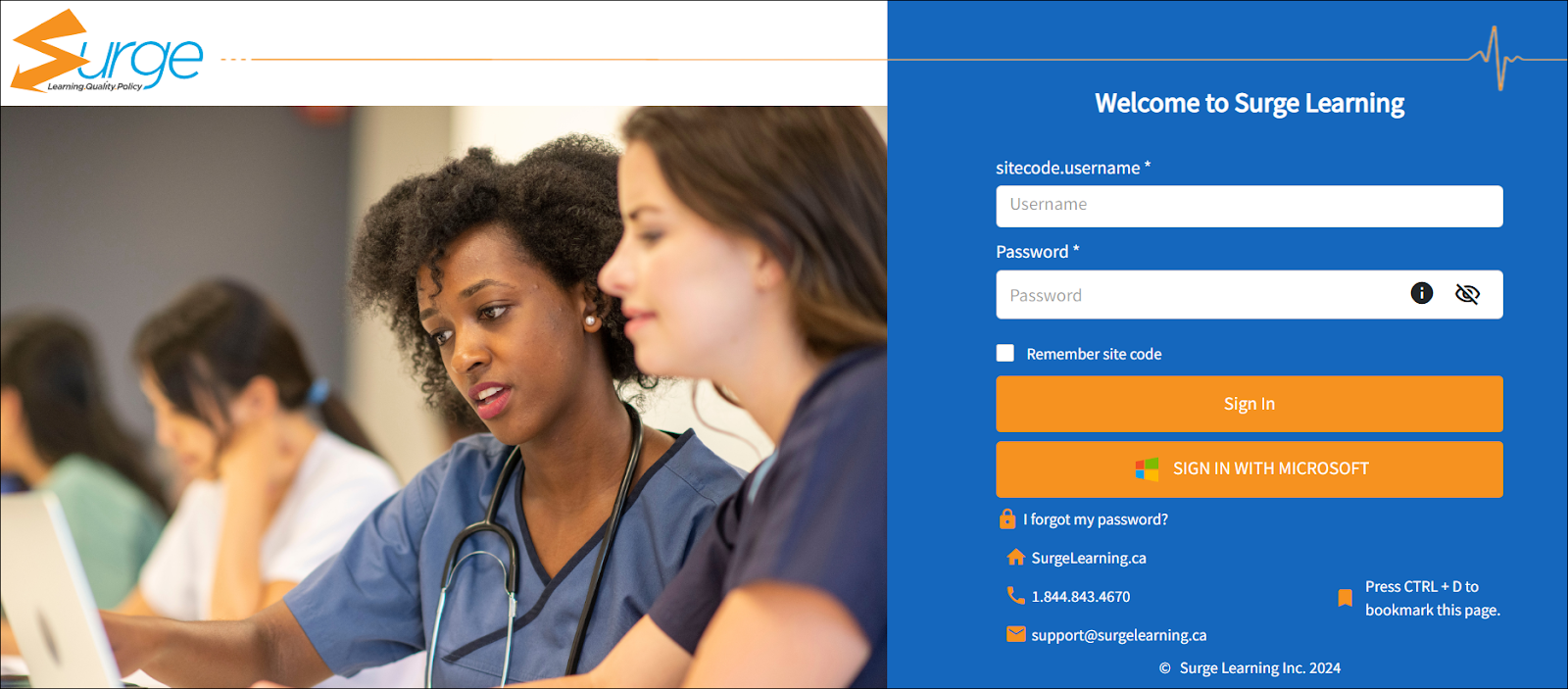 The main login page to Surge Learning is open. The open text box includes the top white box which is sitecode and username. The second white text box is the password area. 

The forget password link, has the lock icon with the words next to it saying I forgot my password?