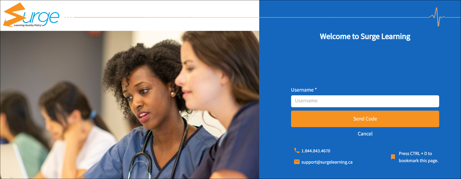 The request to reset password page is open. The white open text box will allow you to type in your user name. The below orange box is the Send Code button. 