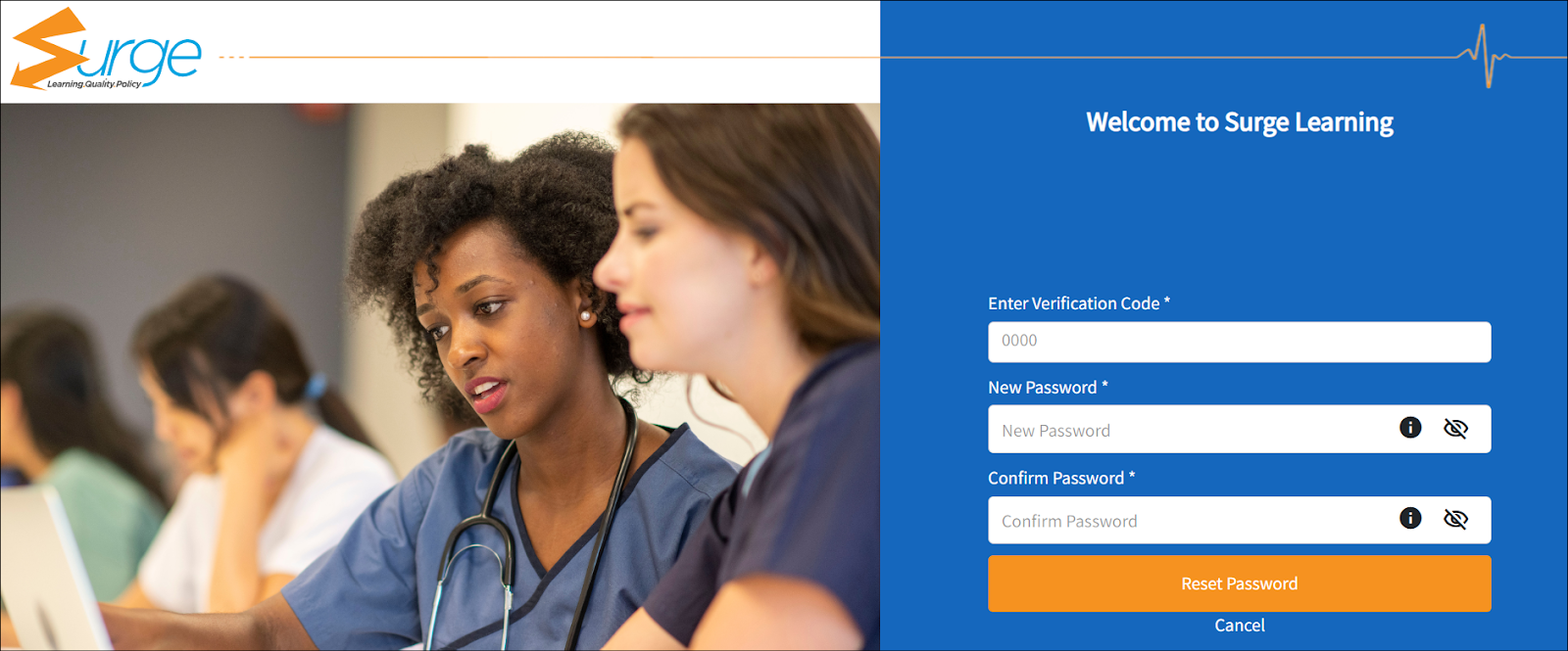 The reset page is displayed. There are 3 open text boxes. The first is to enter the verification code you have been sent.  The second open text box is where you type in the new password, and the third open text box is where you can confirm and retype the password. 