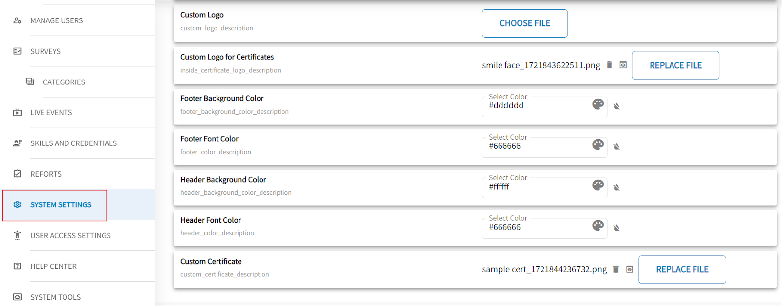 The page displays the main menu with a red box around the system setting option to the left. On the right side of the page are multiple system setting options for the LMS.