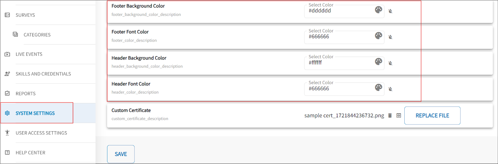 The page displays the main menu with a red box around the system setting option to the left. On the right side of the page are the system setting options for the header and footer for the database. 