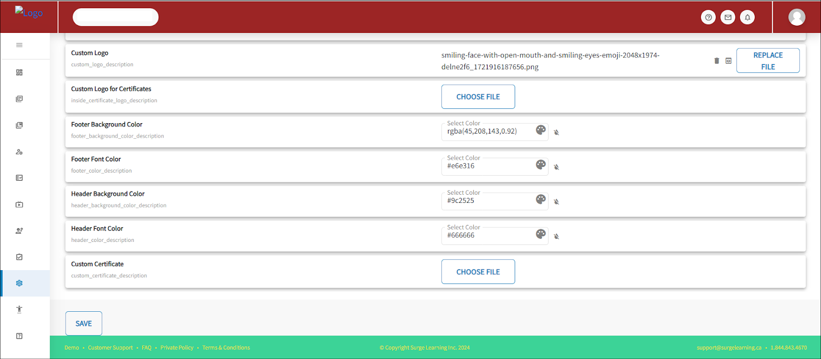 The setting page is displayed with the features activated. The header or top of the page is in a red colour, and the footer or bottom of the page is in green.