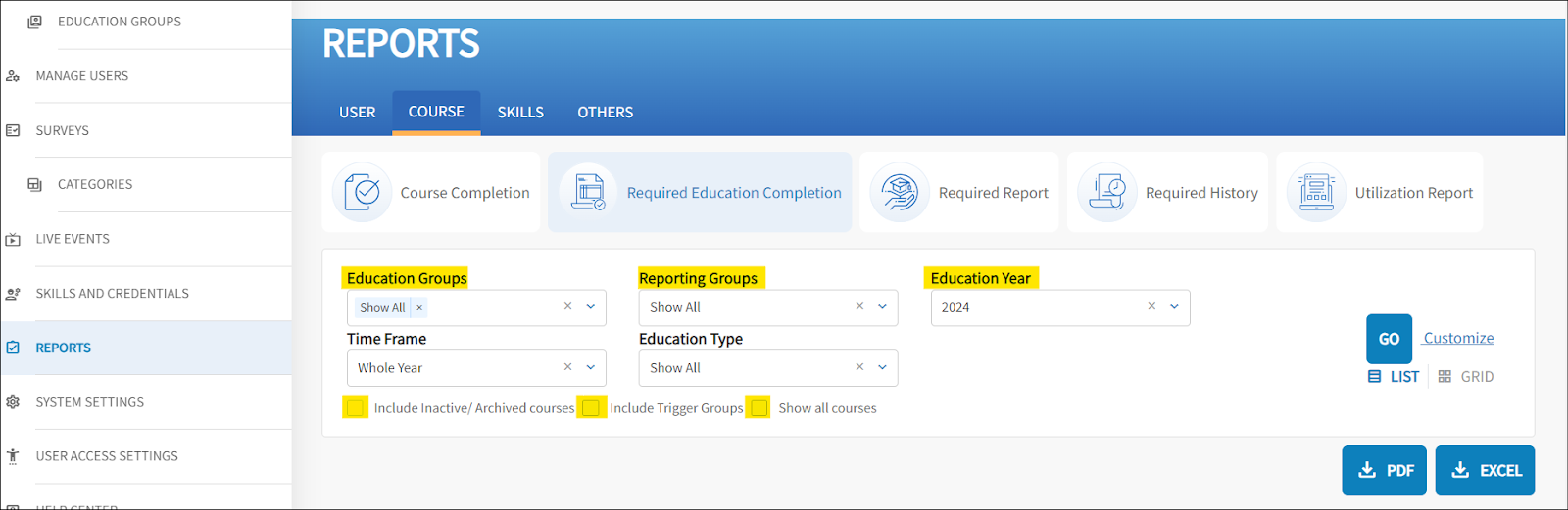 The course report, required education completion is displayed. Highlighted are the filters: Education Groups, Reporting Groups, Education Year. Also the check boxes for additional filters is highlighted.
