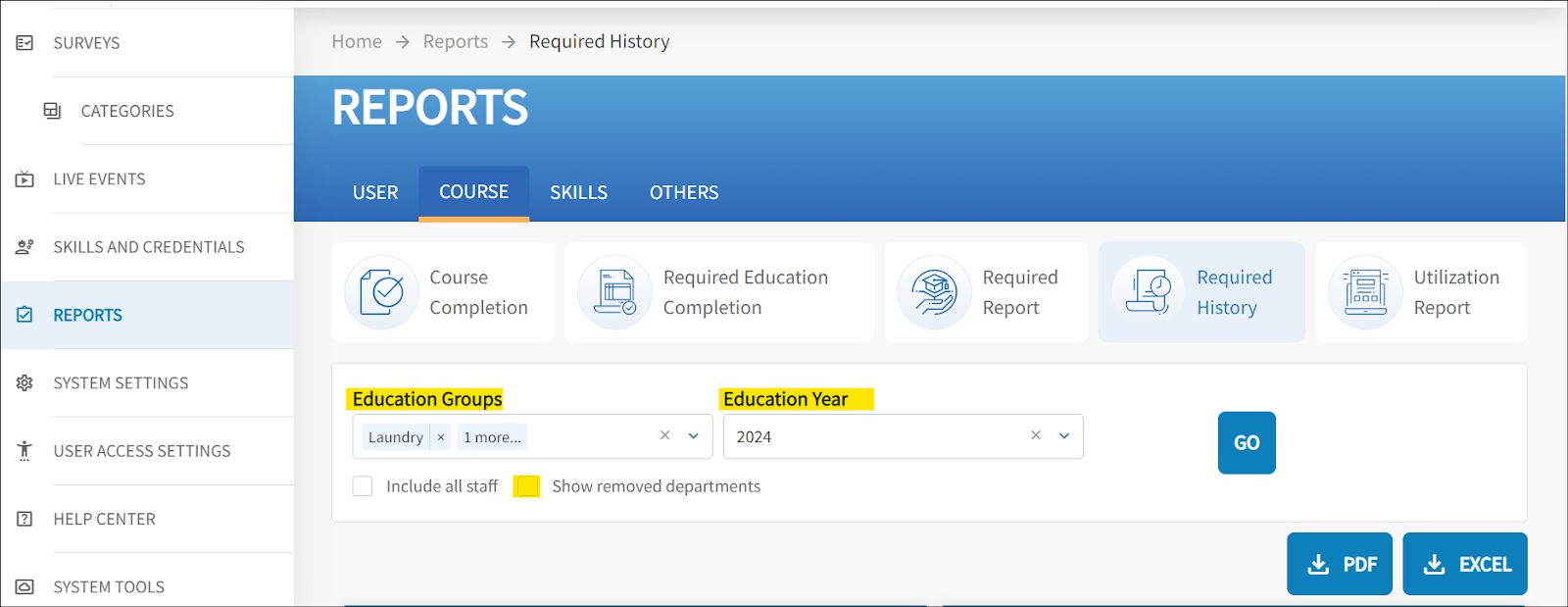 The Course Report titled Required History is shown. There are highlighted fields which include Education Group and Education Year. Also highlighted is the checkbox, show removed departments. 