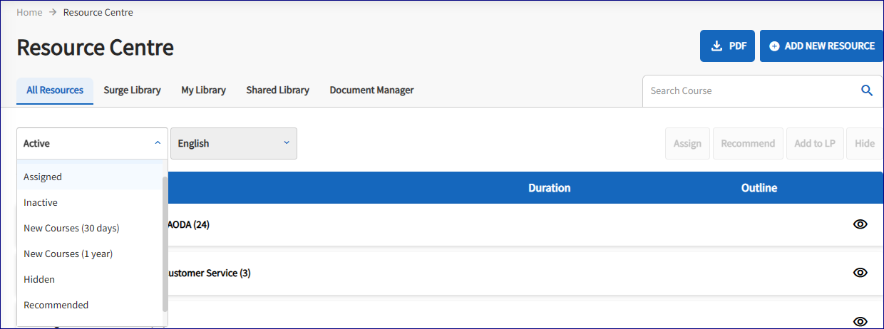 On the Resource Centre page, the active tab is open. Displayed under the Active tab is Assigned, Inactive, New Courses (30 days), New Courses (1 year), Hidden and Recommended.