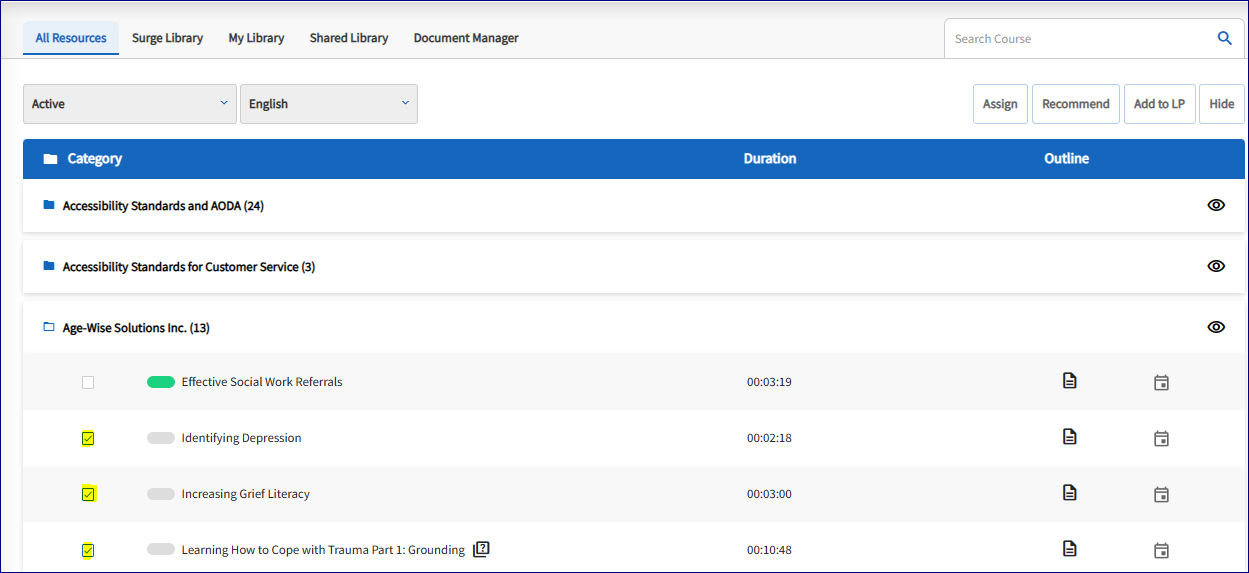 Displayed is 3 courses with checkmarks highlighted. The action buttons Assign, Recommend, Add to LP and Hide are highlighted. 
