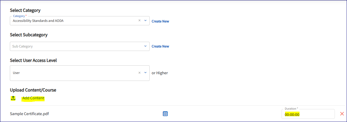 The Add New Document Window is open. The fields to be completed are also displayed. The fields to be completed include; select category, select subcategory, select user access level, upload content/course and duration.