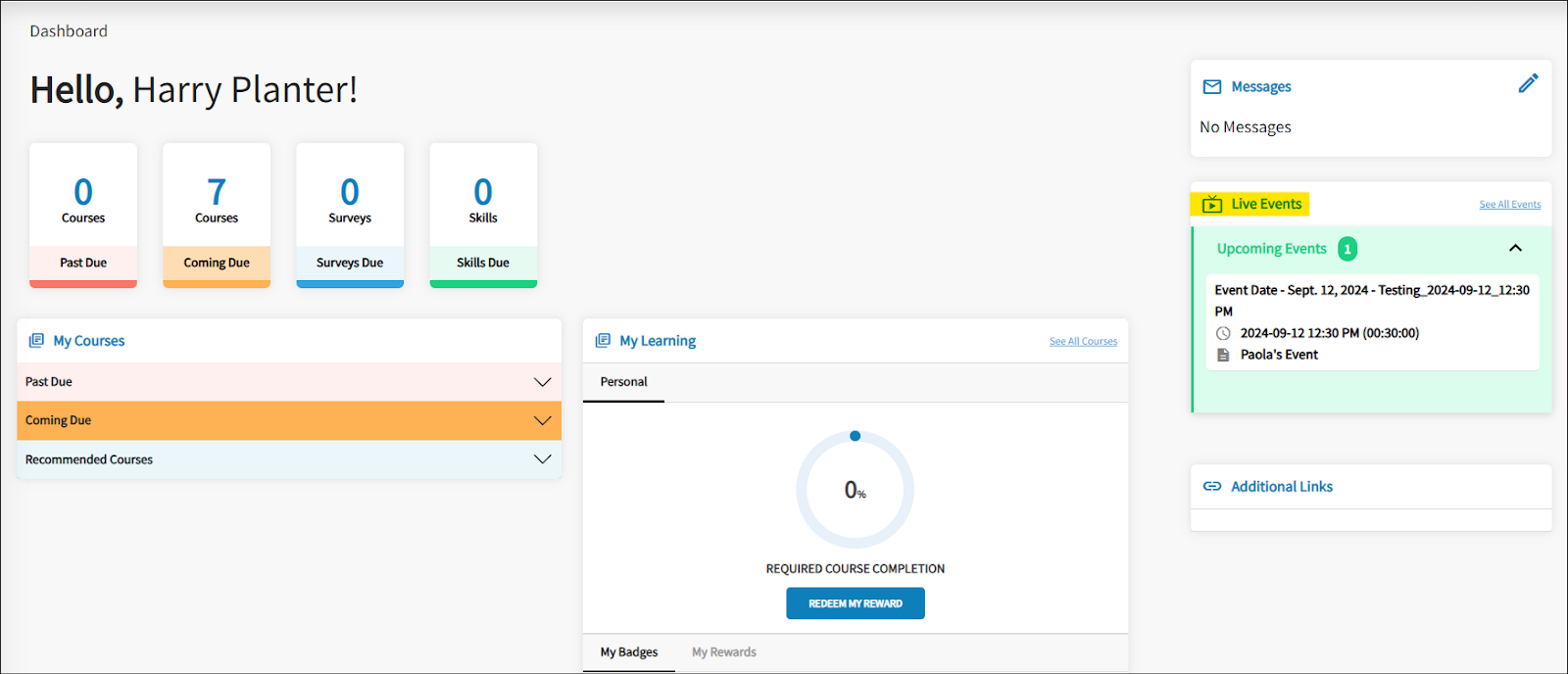 The Dashboard page is displayed. Highlighted is the Live Events icon. 