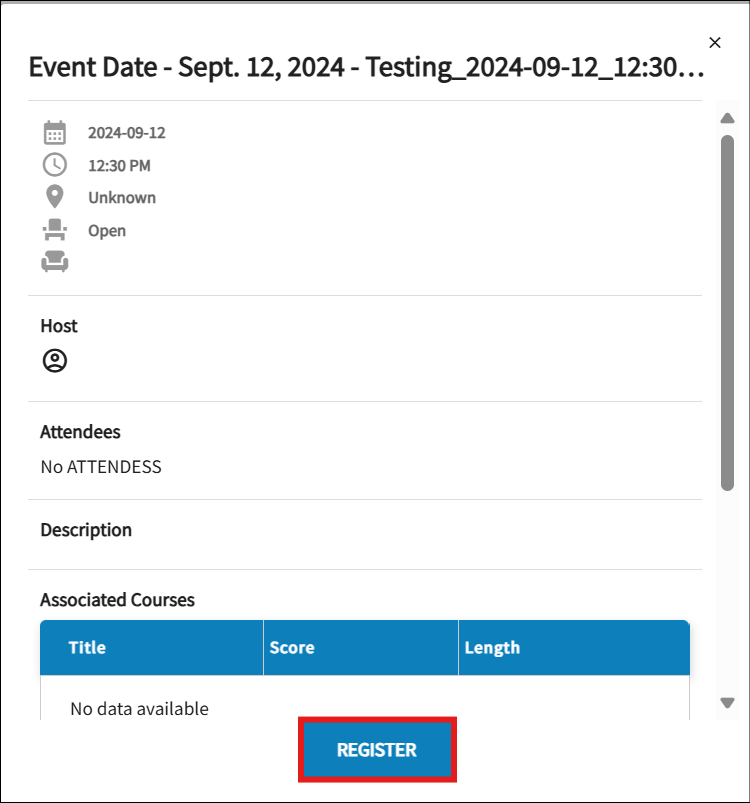 A screenshot of the registration for a live event is shown. The register button is highlighted in a square red box. 