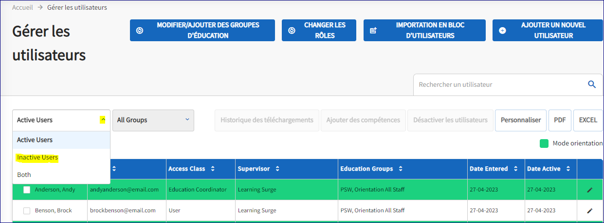 L'onglet Gérer les utilisateurs est ouvert. L'onglet des utilisateurs actifs est ouvert et le menu déroulant est mis en surbrillance. L'option des utilisateurs inactifs est mise en surbrillance.