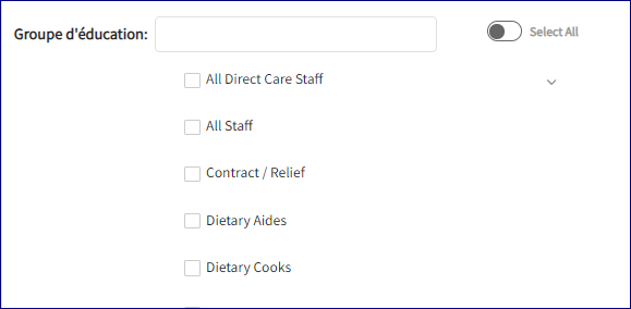 Les options du groupe éducatif s'affichent. Ceci est un exemple des options, les groupes éducatifs d'orientation du personnel enregistré et le personnel enregistré sont mis en évidence.
