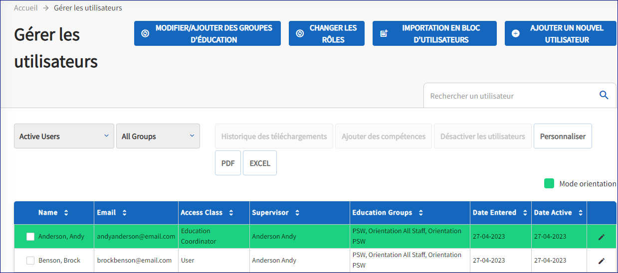 La page de gestion des utilisateurs s'affiche. Une liste de noms d'employés est présentée.  Un nom est surligné en vert, ce qui indique que l'employé est en mode Orientation.