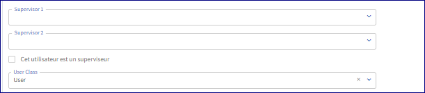 Les options du superviseur sont ouvertes avec une flèche déroulante. Cela vous permettra de sélectionner les superviseurs de l'employé. Une option de case à cocher apparaît également intitulée Cet utilisateur est un superviseur.  Si l'utilisateur que vous saisissez, veuillez cocher la case .