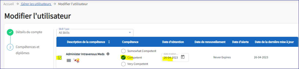 Sur la page des détails du compte, les options de compétences sont affichées.  Il y a 2 options à ajouter au dossier de l'employé. 3 zones sont mises en surbrillance, le système d'injection Butterfly est mis en évidence et coché dans la case à cocher.  La case Compétent et la date d'obtention sont également mises en évidence.