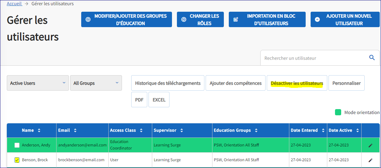 La page de gestion des utilisateurs s'affiche avec l'étiquette utilisateur inactif en surbrillance et une case à cocher en regard du nom d'un employé a été cochée.