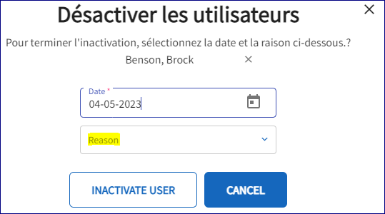La fenêtre de l'utilisateur inactif est ouverte avec le champ de raison en surbrillance.