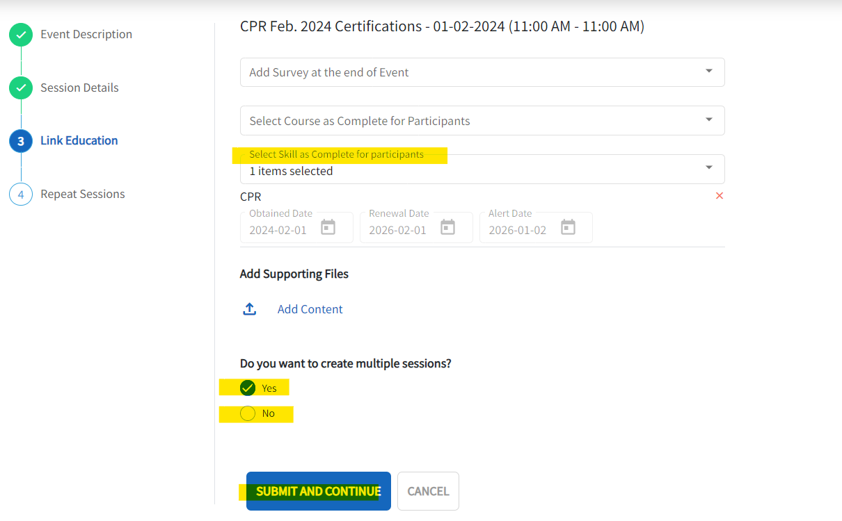 The Live Event detail page is displayed with the option of selecting the skills for the participants of the live event. Also highighted is the multiple session option.