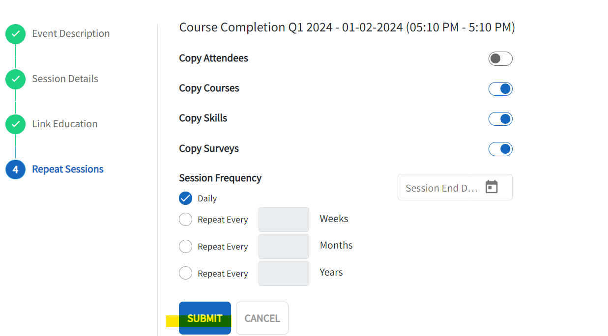 The Live Event detail page is displayed with the options to have the event repeat. 