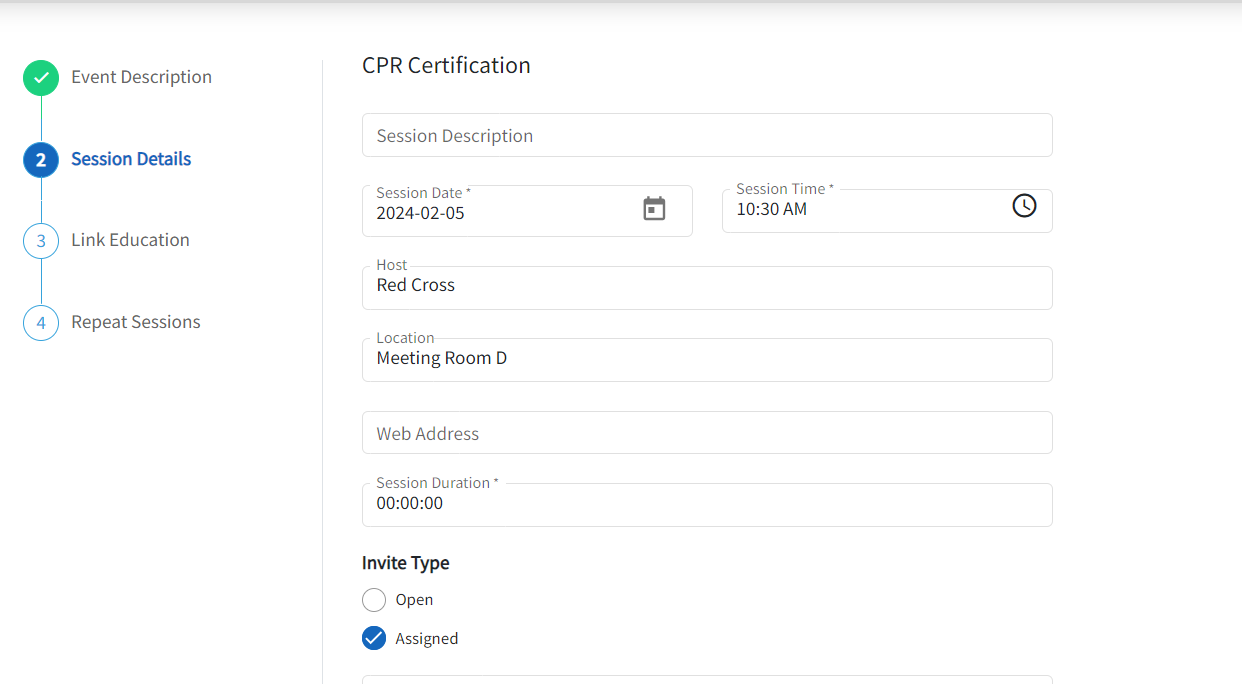 The Live Event page is displayed, with the details added. 