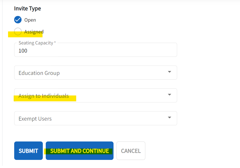 Live event details are displayed including the invite type, seating capacity, eduction groups, assigning to individuals, and exempt users.