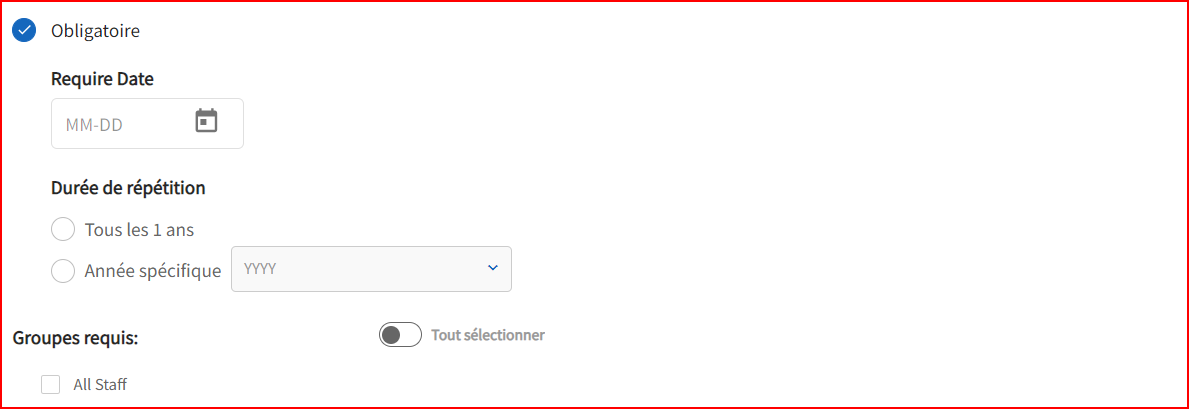 La page d'enquête obligatoire s'affiche avec la date, la fréquence et les groupes requis affichés.