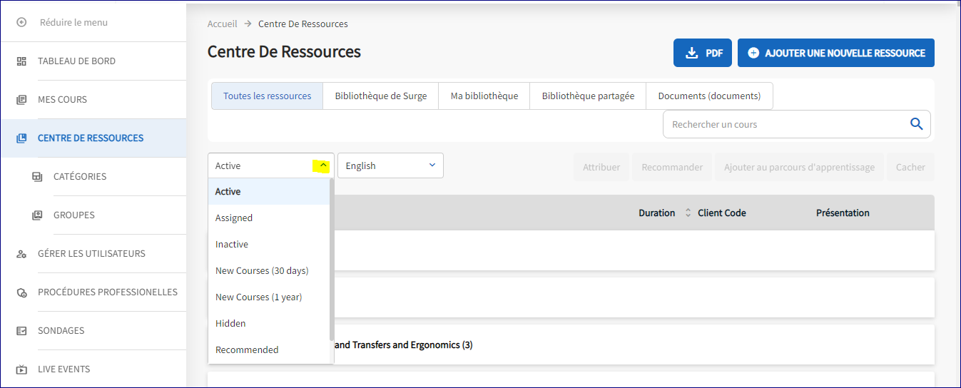 Sur la page Centre de ressources, l'onglet actif est ouvert. Sous l'onglet Actif sont affichés : Attribué, Inactif, Nouveaux cours (30 jours), Nouveaux cours (1 an), Masqué et Recommandé.