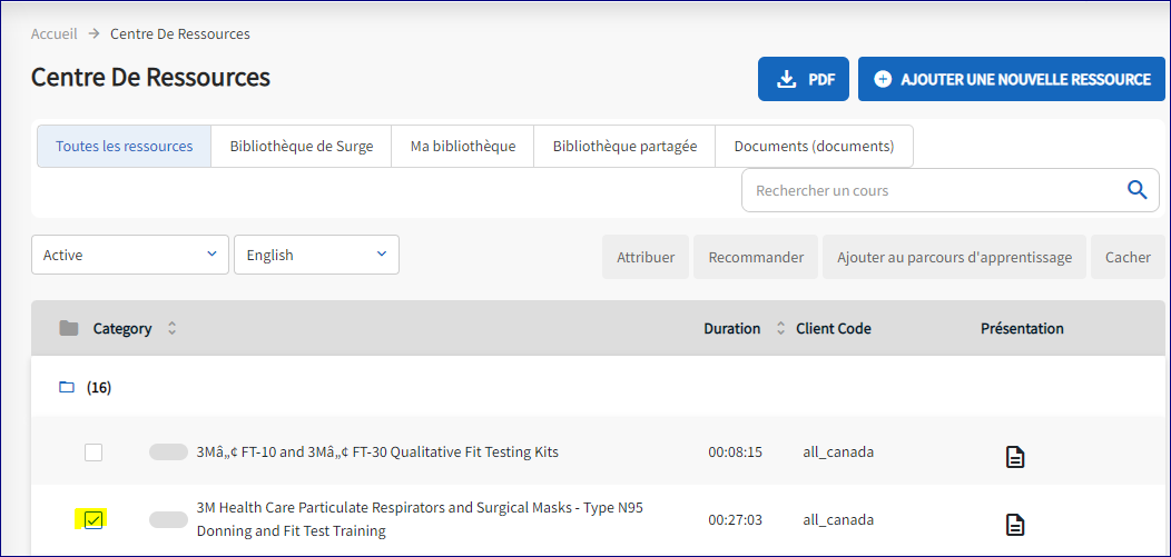 Les 3 cours affichés sont cochés en surbrillance. Les boutons d'action Attribuer, Recommander, Ajouter au LP et Masquer sont mis en surbrillance.
