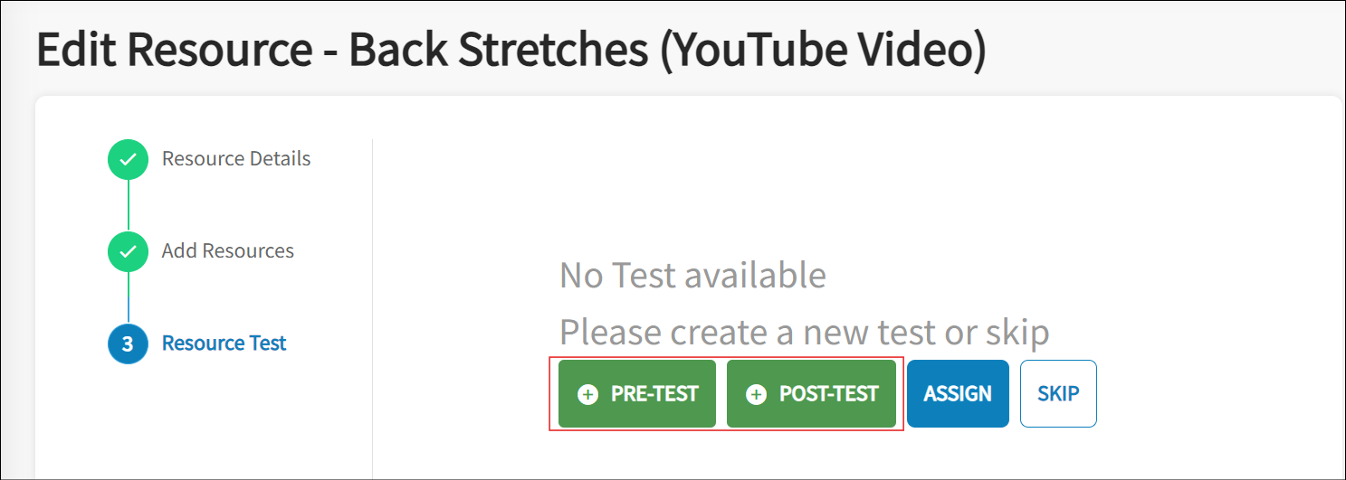 Les options de test s'affichent. Les options incluent le pré-test, le post-test, l'attribution et le saut.