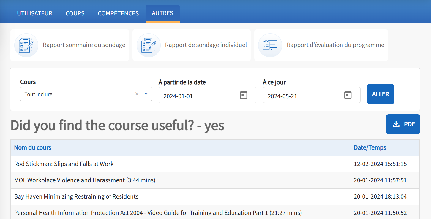 La question du cours s'affiche avec la liste des noms de cours, y compris la date et l'heure auxquelles les commentaires ont été fournis.
