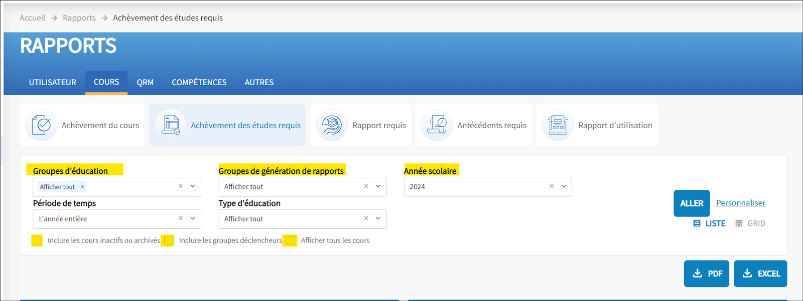 Le rapport de cours, l'achèvement des études requis s'affiche. Les filtres sont mis en surbrillance : Groupes d'éducation, Groupes de reporting, Année d'éducation. Les cases à cocher pour les filtres supplémentaires sont également mises en surbrillance.