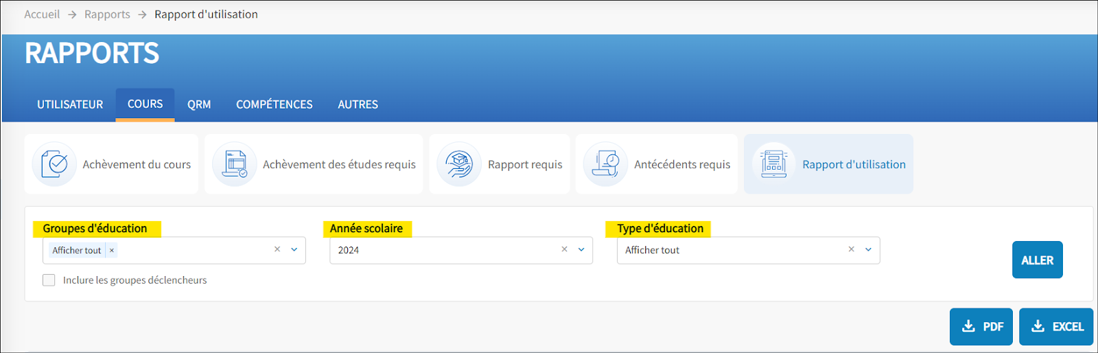 Le rapport d'utilisation s'affiche, les filtres Groupes de formation, Année de formation et Type de formation sont mis en surbrillance.