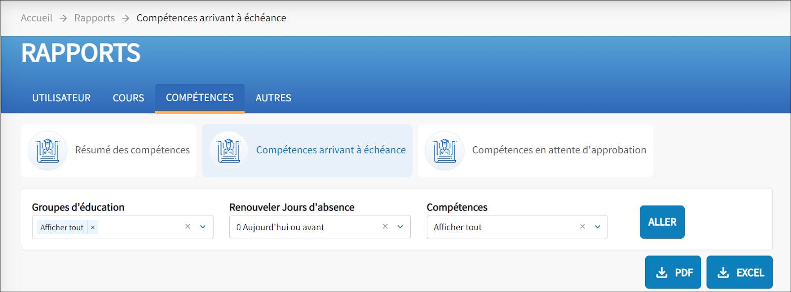 Le rapport sur les compétences à venir et les filtres applicables sont affichés.